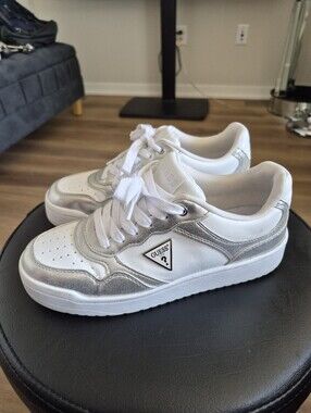 Women's GUESS White and Silver Metallic Accent Sneakers. Size 8 1/2